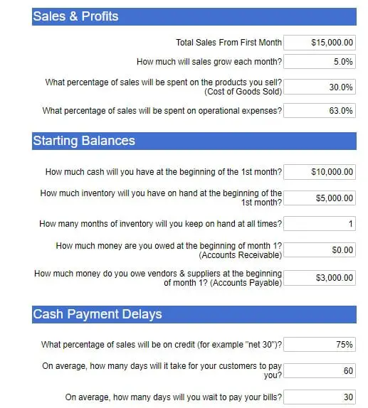 cash flow calculaltor bplans