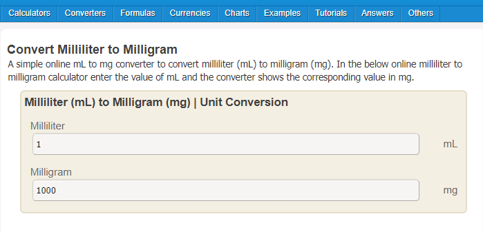 ml to mg calculator easy calculation