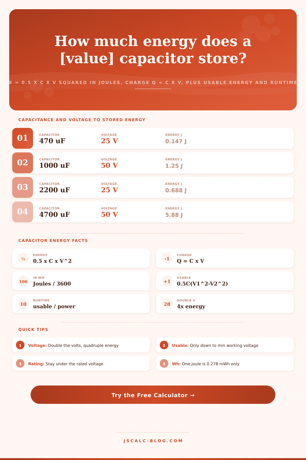 Capacitor Energy Storage Calculator – Joules, Charge & Runtime