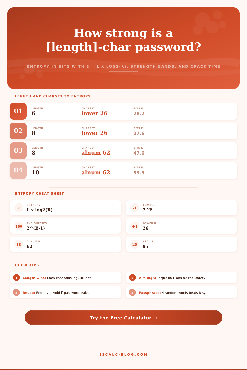 Password Strength Entropy Calculator – Bits and Crack Time
