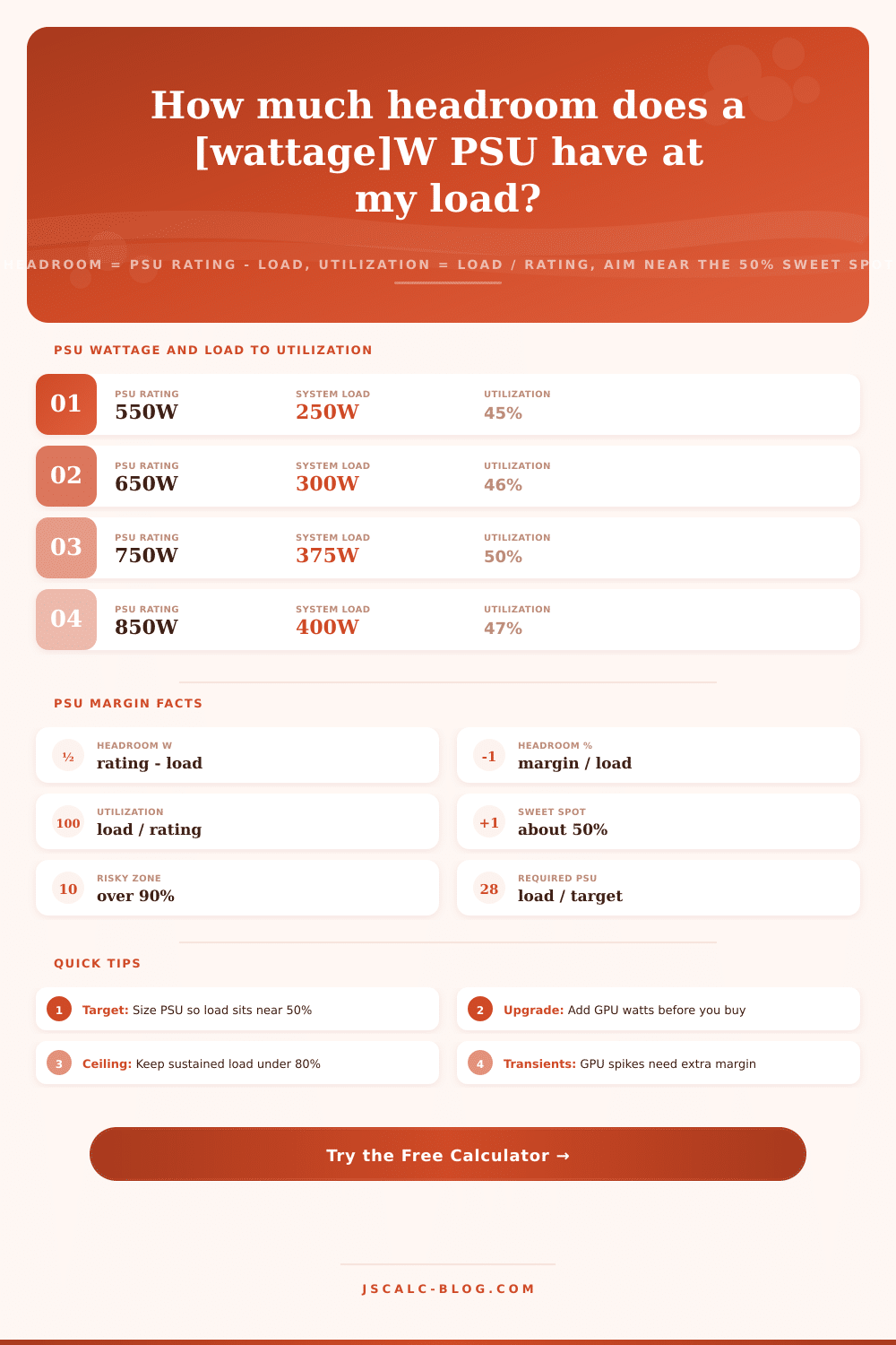 PSU Headroom Calculator: Power Supply Load Margin & Utilization